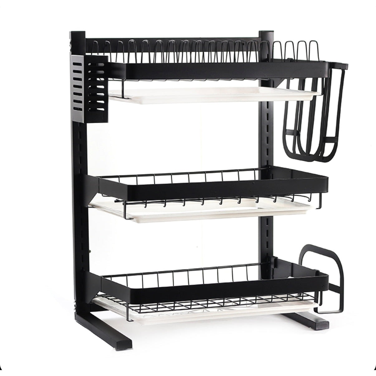 3 Tier Carbon Steel Dish Drying Rack with Removable Drainboard Utensil Holder Knife Organizer and Cutting Board Holder Black - Medaid International