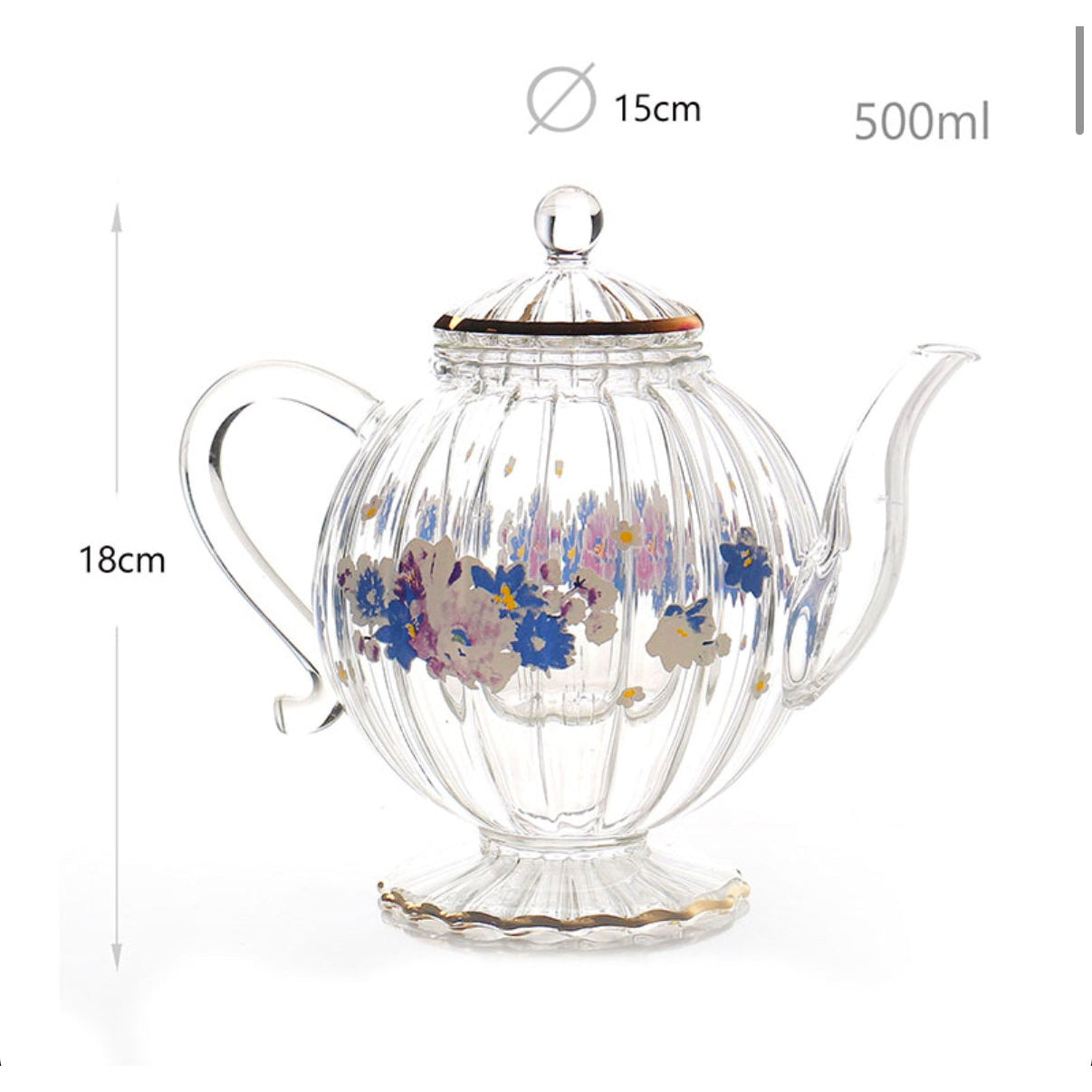 500 ML Flower Design Teapot Glass Striped Shape with Handle and Removable Infuser Transparent Glass Teapot for Tea Coffee and Milk - Medaid
