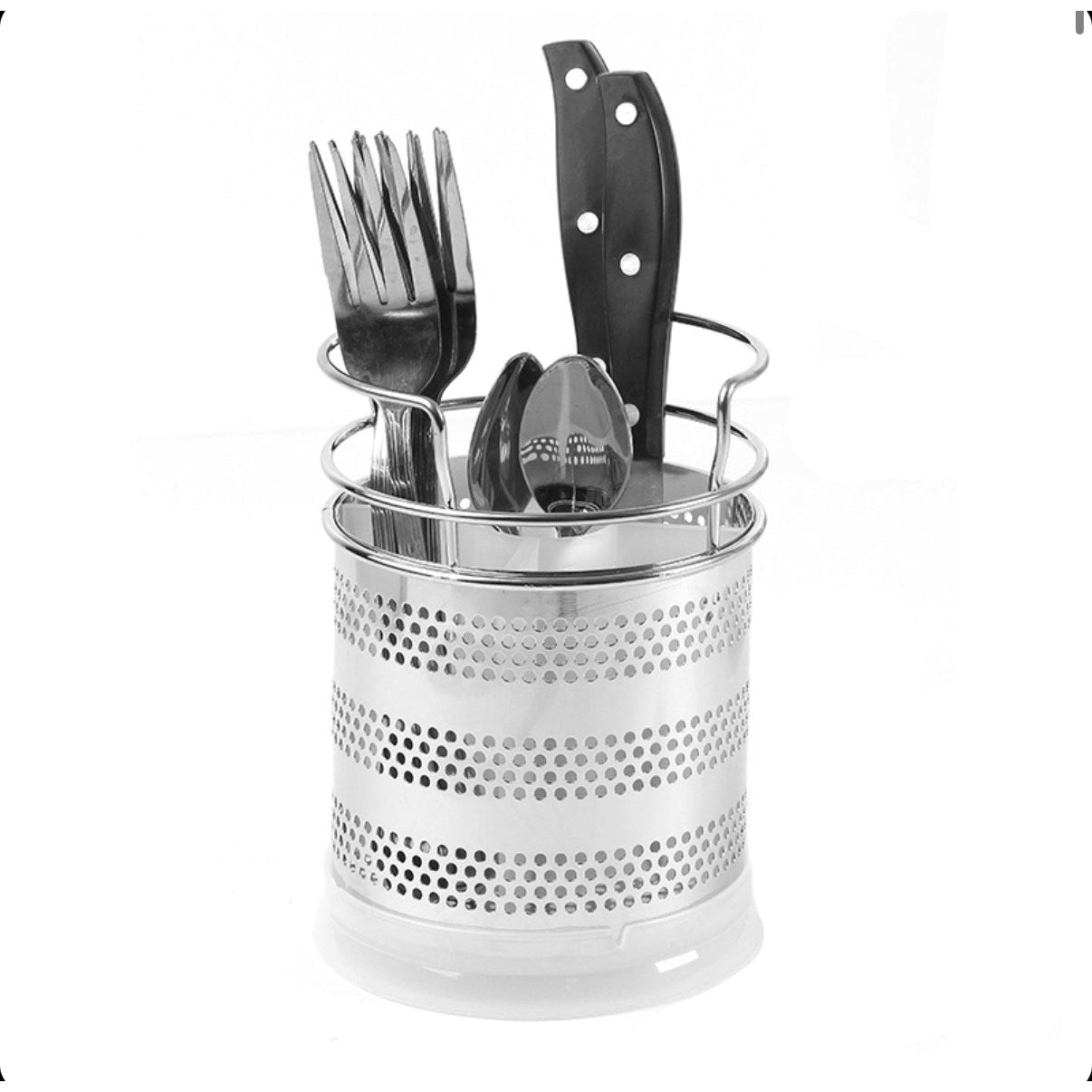 5 Compartments Stainless Steel Round Cutlery Holder with Removable Divider Organizer Stand Self Draining Tableware Utensil Storage Box Holder Silver - Medaid International