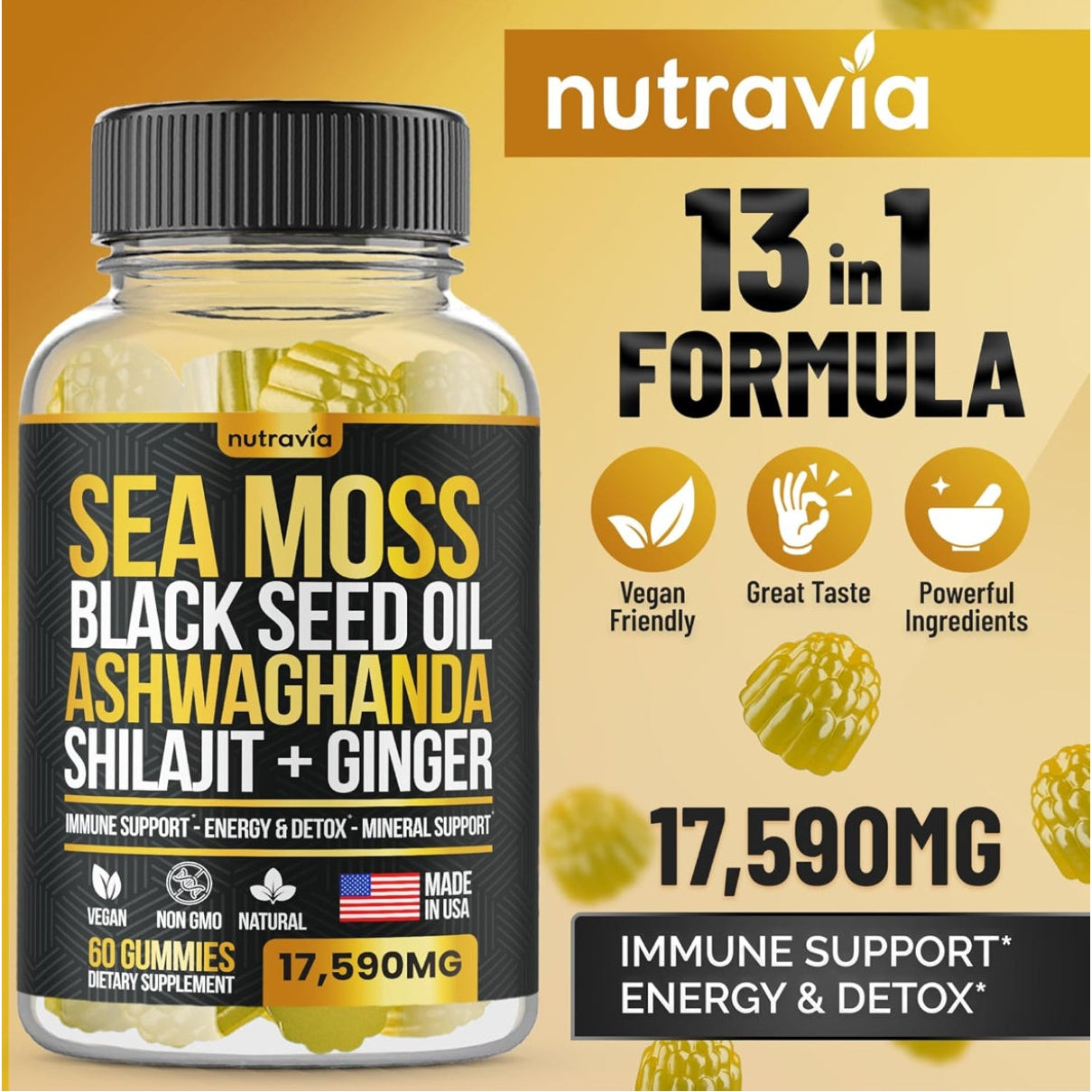 Sea Moss, Black Seed Oil, Ashwagandha, Ginger, Shilajit Gummies with Elderberry, Chlorophyll, Turmeric, Bladderwrack 17590mg Advanced Strength Formula - All in 1 Bundle - Made in USA (60 Gummies) - Medaid International