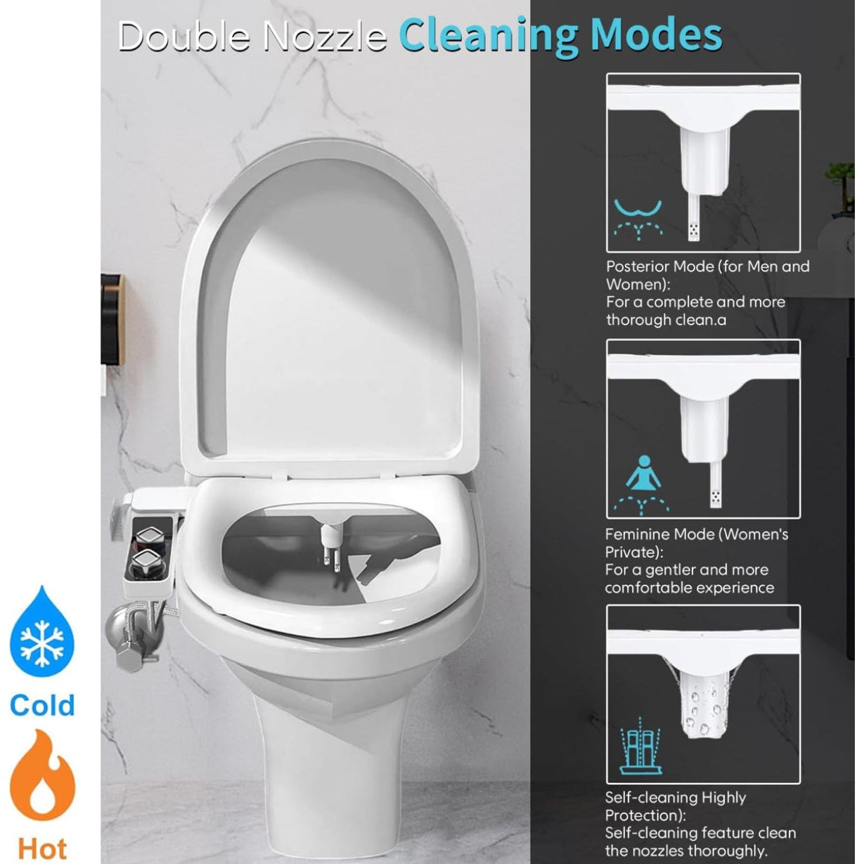 Angju Bidet Attachment for Toilet, Non-Electric Bidet Toilet Attachment, Cool & Warm Temperature Control, Self Cleaning Water Sprayer with Adjustable Water Pressure Nozzle, Frontal & Rear Wash - Medaid International
