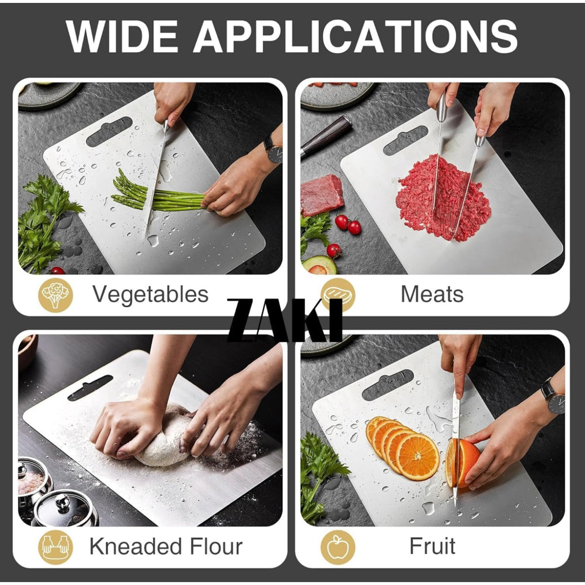 ZAKI Titanium Cutting Board, S304 Stainless Steel Chopping Board, Double-Sided Food Grade Cutting Board, Ideal for Handling Meat, Vegetables,Kneading and Dough Making (Medium 34x24 cm) - Medaid International