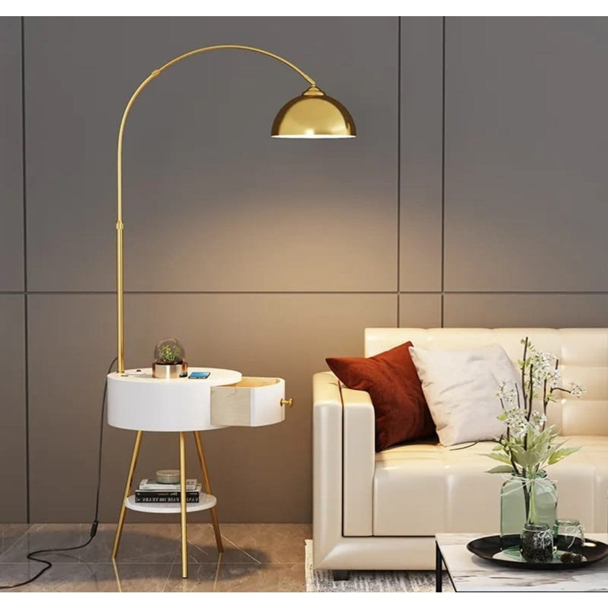 Modern End Table Arched Floor Lamp with Shelves and Drawer for Living Room Bedroom - Medaid International