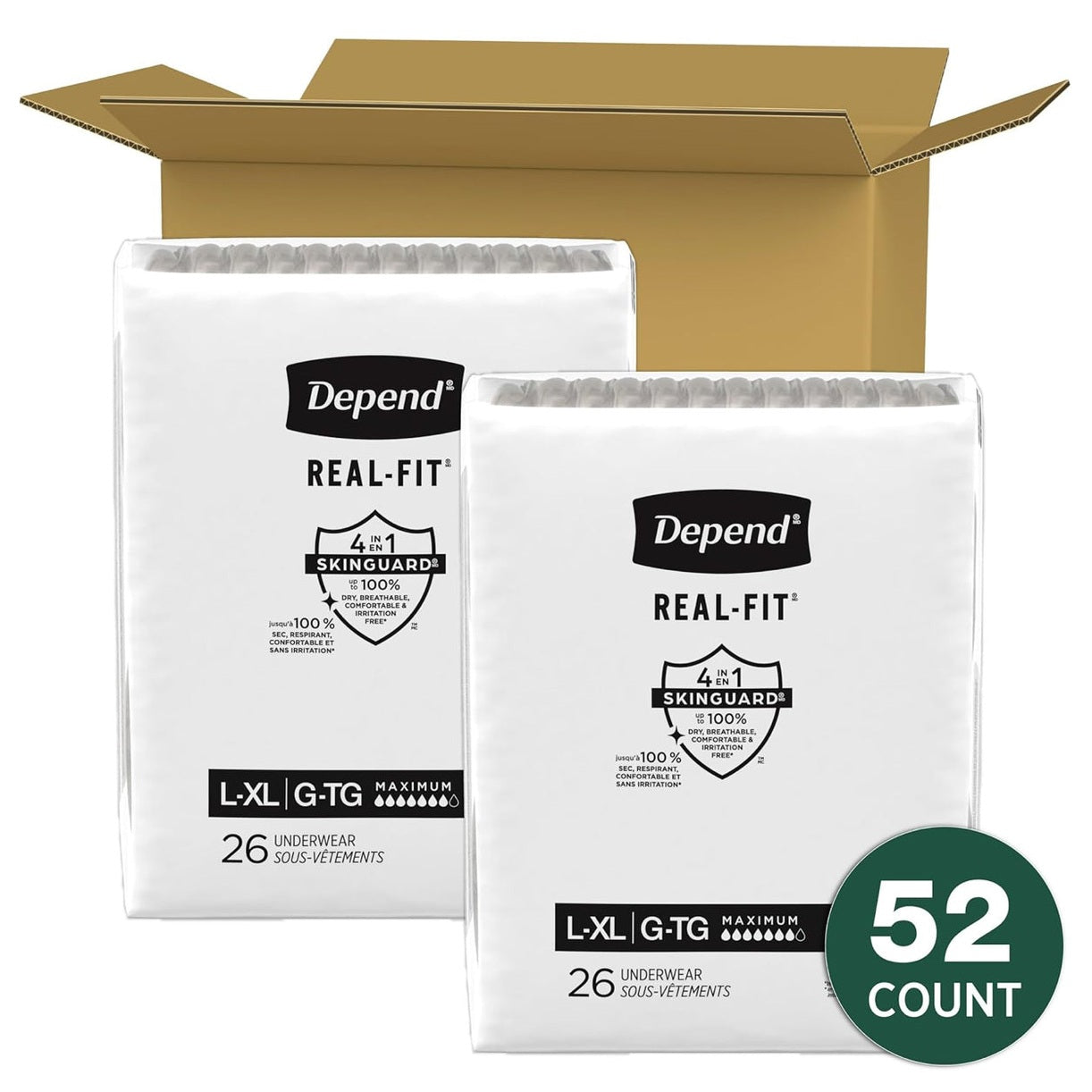 Depend Real Fit Incontinence Underwear for Men, Disposable, Maximum Absorbency, Large/Extra Large, 52 Count (2 Packs of 26), Packaging May Vary - Medaid International