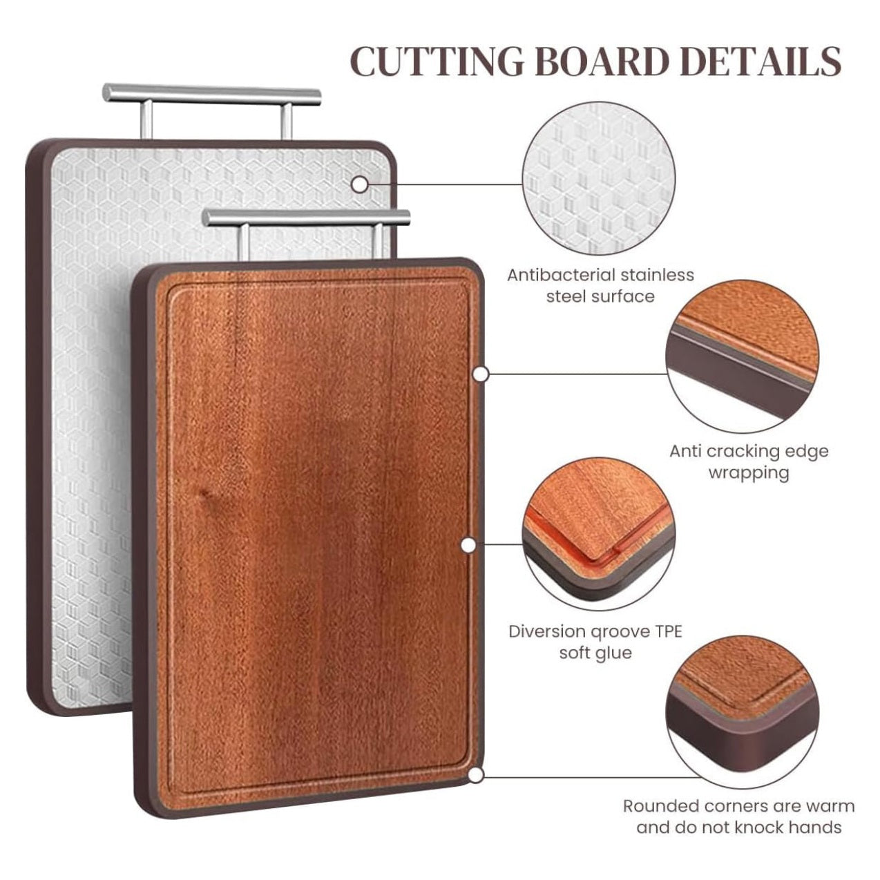 HASTHIP® Double Cutting Board, Stainless Steel Cutting Board, with Stainless Steel Handle Double Sided Premium Cutting Board, 30 * 42 cm Chopping Area Ebony Wood Cutting Board for Meat, Fruit, Deli - Medaid International