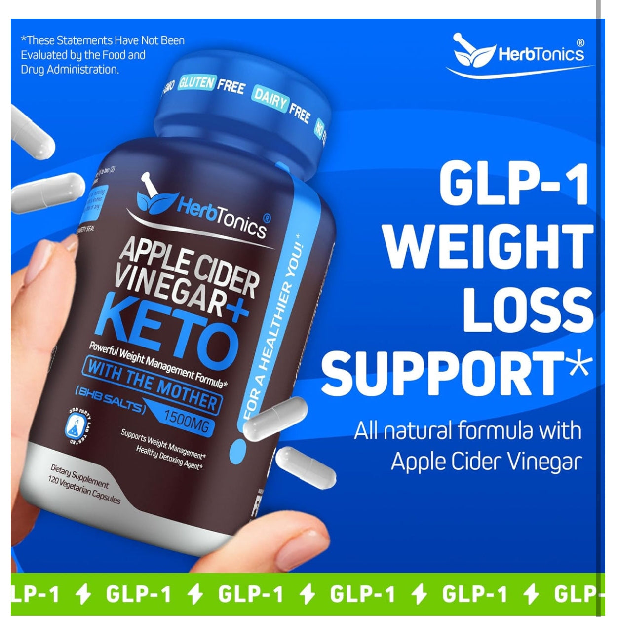 Herbtonics GLP-1 Weight Loss Supplement - Appetite Suppressant Apple Cider Vinegar Capsules - Weight Loss Pills for Women & Men - Fat Burner & Metabolism Support | 120 Keto ACV Capsules - Medaid International