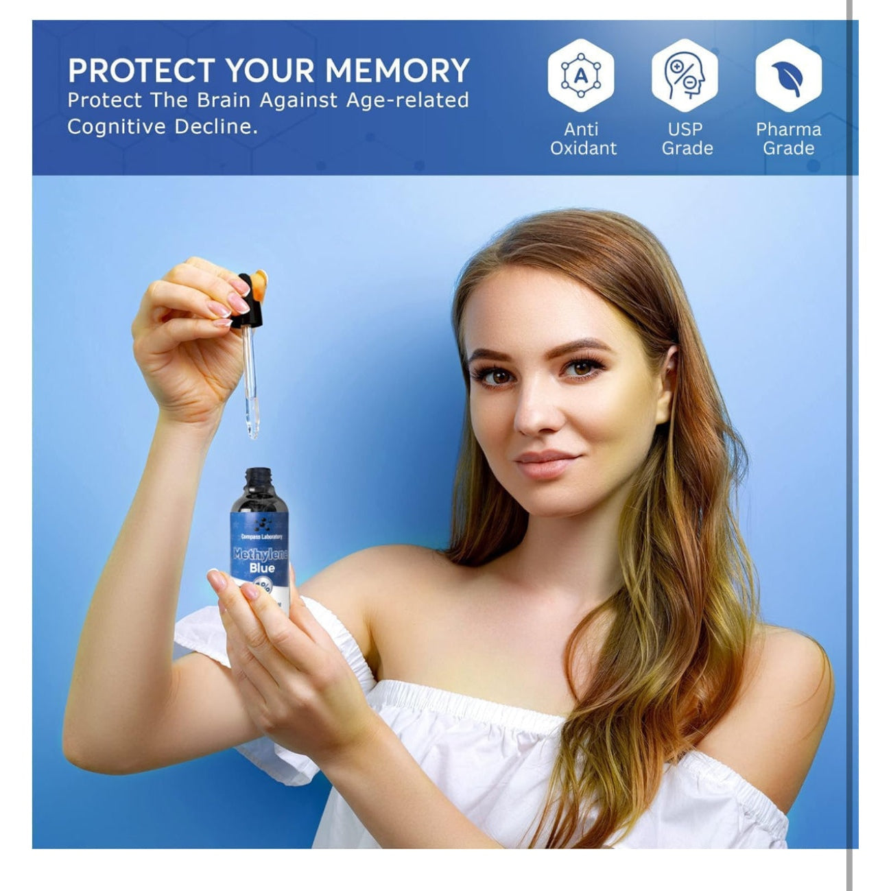 Methylene Blue Pharmaceutical Grade, USP Grade, Third-Party Tested Brain Health Dietary Supplement for Humans, No Formaldehyde, Made in USA (1% 50ml Bottle) - Medaid International