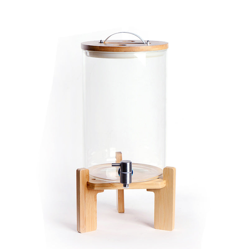 8 L, Glass Drink Dispenser with Stainless Steel Spigot and Handle with Wooden Stand, Ideal for Parties, Birthdays, Buffets, Social Gatherings - Medaid