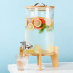 8 L, Glass Drink Dispenser with Stainless Steel Spigot and Handle with Wooden Stand, Ideal for Parties, Birthdays, Buffets, Social Gatherings - Medaid