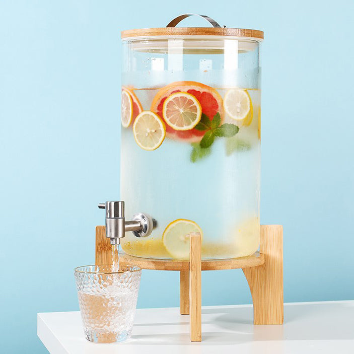 8 L, Glass Drink Dispenser with Stainless Steel Spigot and Handle with Wooden Stand, Ideal for Parties, Birthdays, Buffets, Social Gatherings - Medaid