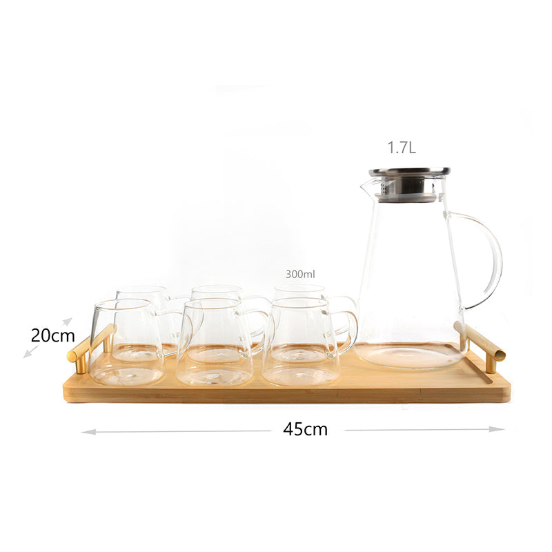 1.7 L, Glass Pitcher Set with Stainless Steel Lid and 300 ML 6 Mugs with 1 Wooden Tray, Perfect for Cold/Hot Beverages, Iced Tea, Juice, Coffee - Medaid