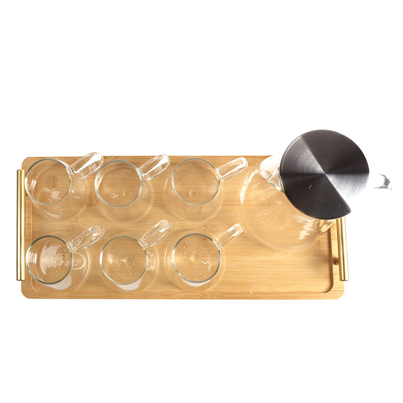 1.7 L, Glass Pitcher Set with Stainless Steel Lid and 300 ML 6 Mugs with 1 Wooden Tray, Perfect for Cold/Hot Beverages, Iced Tea, Juice, Coffee - Medaid