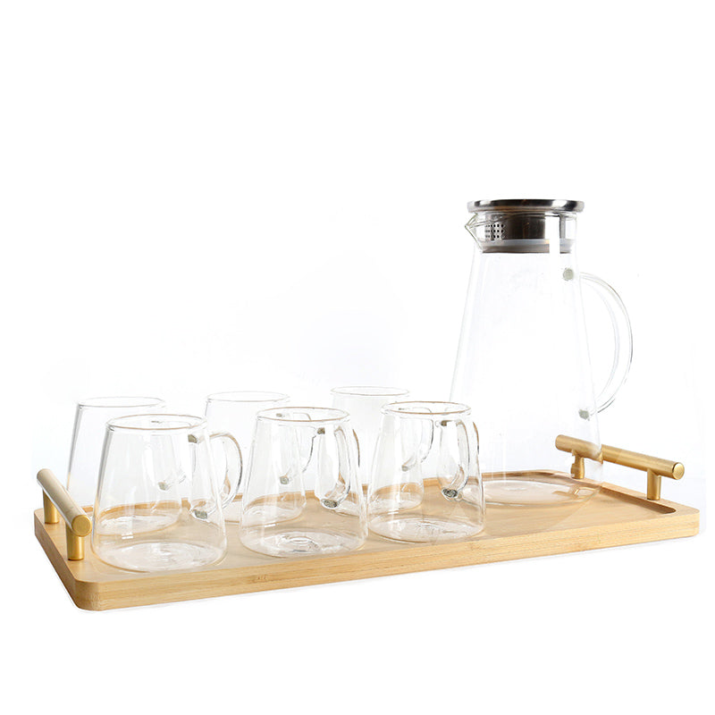 1.7 L, Glass Pitcher Set with Stainless Steel Lid and 300 ML 6 Mugs with 1 Wooden Tray, Perfect for Cold/Hot Beverages, Iced Tea, Juice, Coffee - Medaid