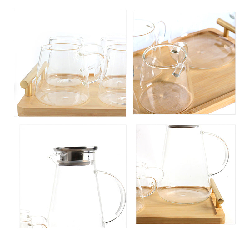 1.7 L, Glass Pitcher Set with Stainless Steel Lid and 300 ML 6 Mugs with 1 Wooden Tray, Perfect for Cold/Hot Beverages, Iced Tea, Juice, Coffee - Medaid