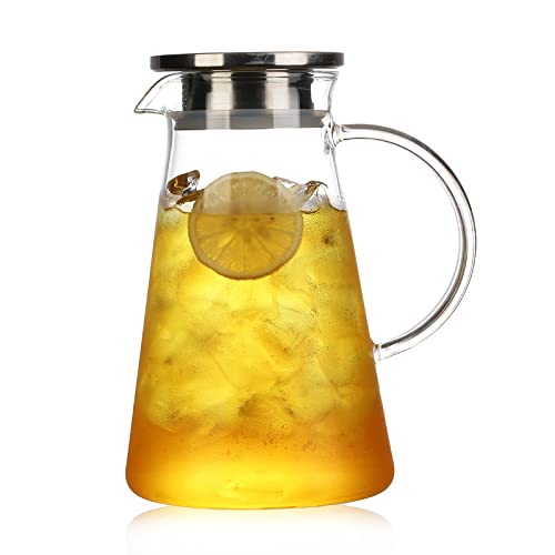 1.7 L, Glass Pitcher Set with Stainless Steel Lid and 300 ML 6 Mugs with 1 Wooden Tray, Perfect for Cold/Hot Beverages, Iced Tea, Juice, Coffee - Medaid