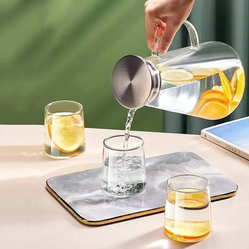 1.7 L, Glass Pitcher Set with Stainless Steel Lid and 300 ML 6 Mugs with 1 Wooden Tray, Perfect for Cold/Hot Beverages, Iced Tea, Juice, Coffee - Medaid