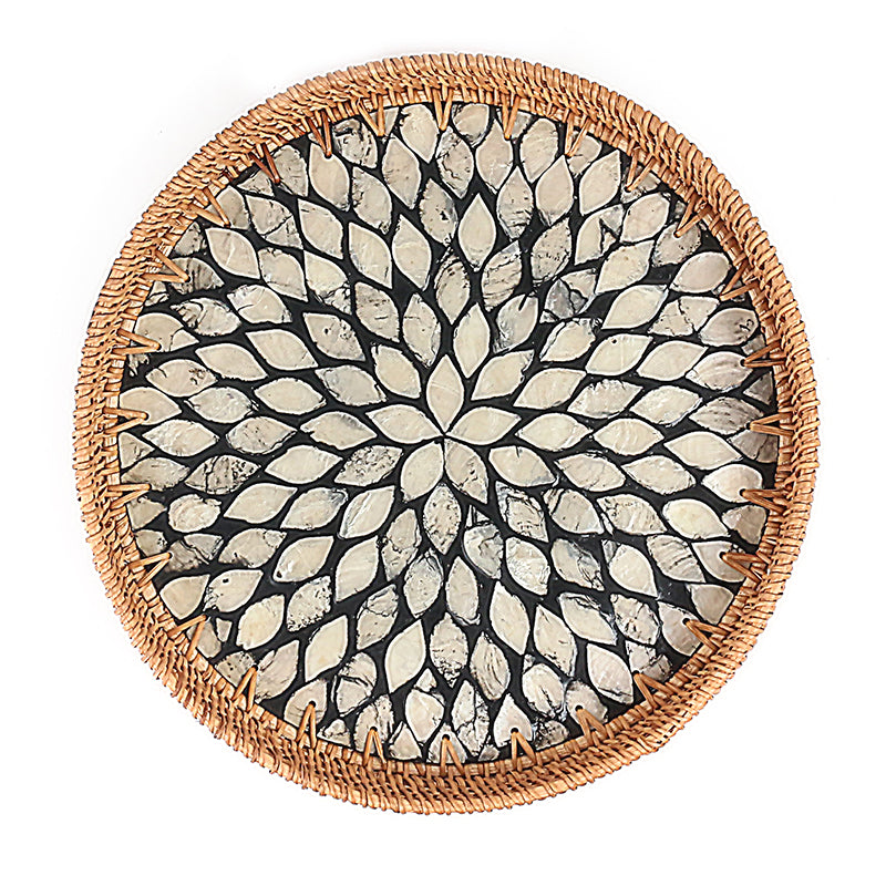 28 CM Handmade Round Rattan Tray with Black Shell Bottom Woven Serving Tray for Food Drink Snack Coffee Table Decor - Medaid International