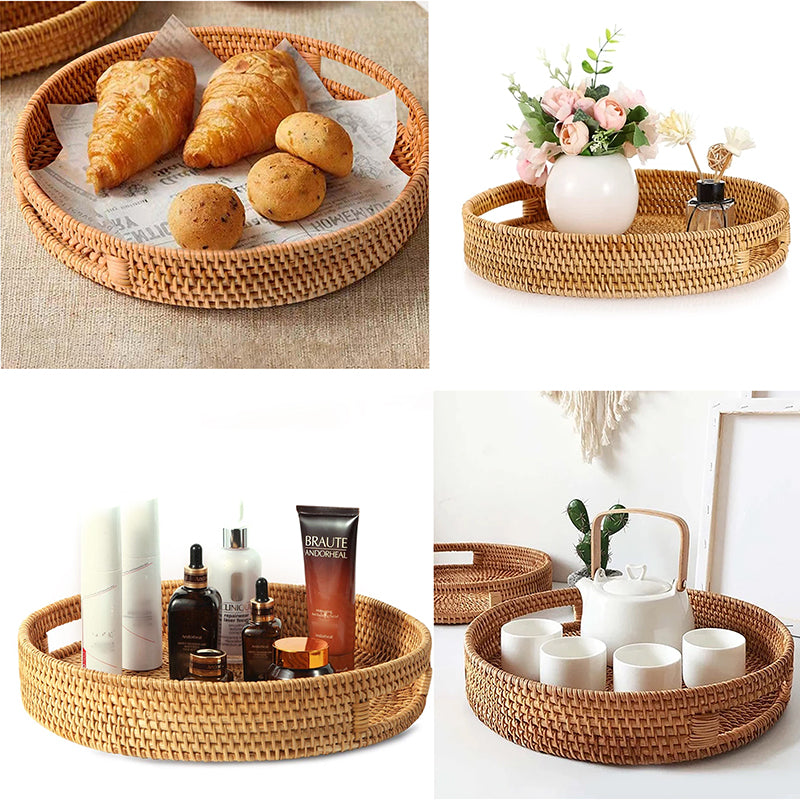 35 CM Handmade Round Rattan Tray with Handles Woven High Wall Serving Tray for Food Drink Cosmetics Coffee Table Decor - Medaid International