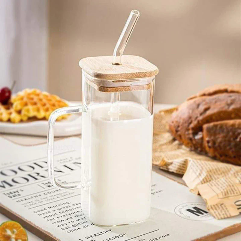 Coffee Can Shaped Glass Mug with lid and straw 540ml - Medaid International