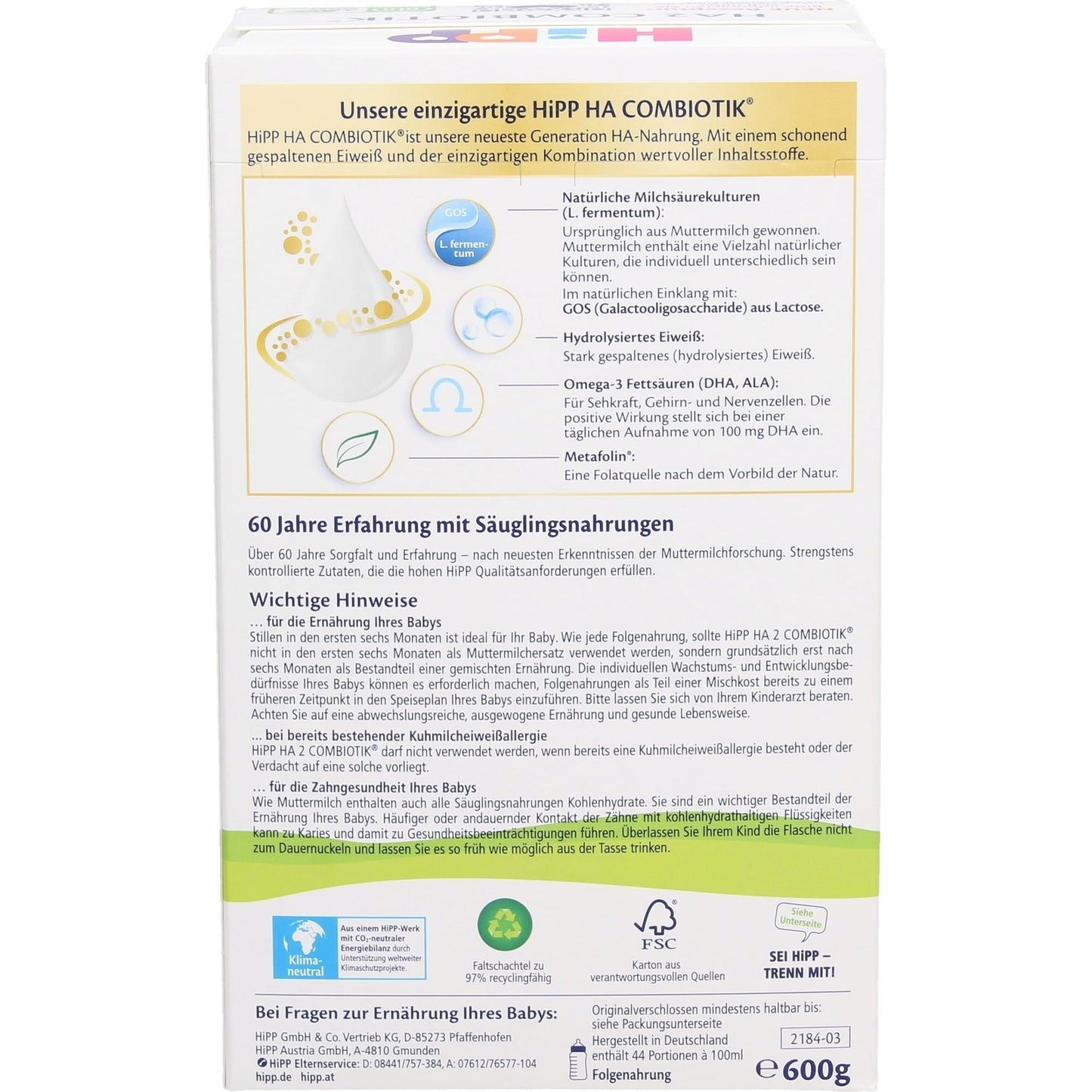 HiPP HA 2 Combiotik® Hydrolyzate Follow-On Formula, 600 g - Medaid International