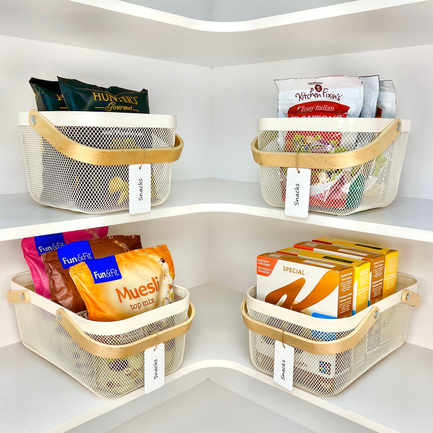 White Mesh Storage Basket W/ Wooden Handle - Large