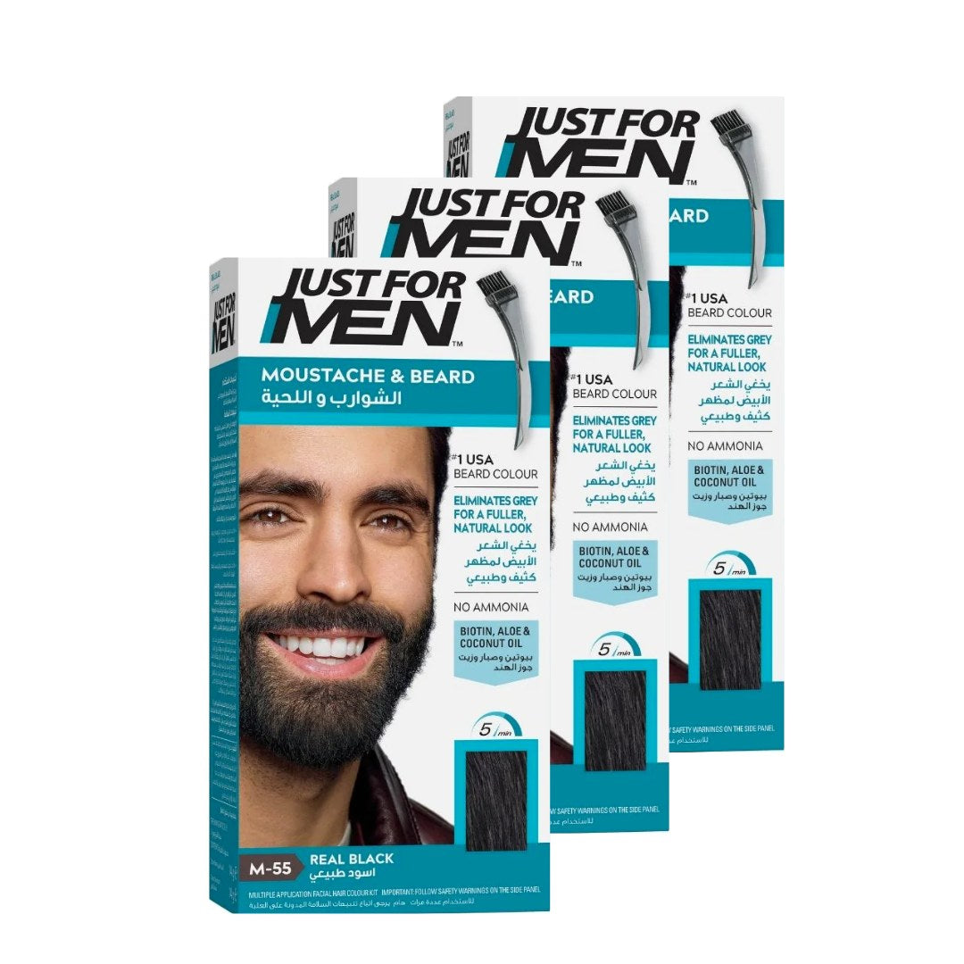 Just For Men x 3 Brush-In Color Gel Mustache & Beard Real Black M-55 - Medaid International