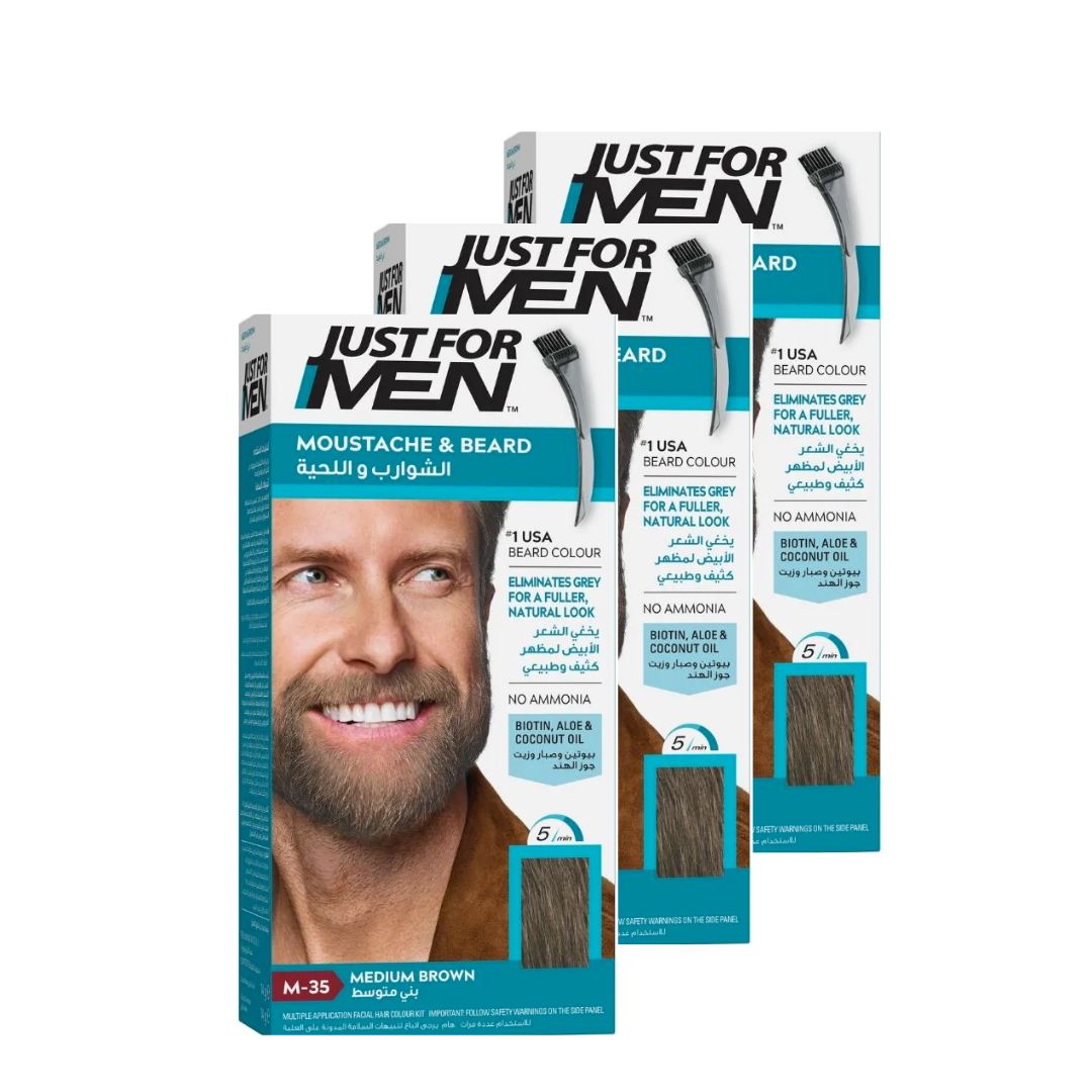 Just For Men x 3 Brush-In Color Gel Mustache & Beard Medium Brown M-35 - Medaid International