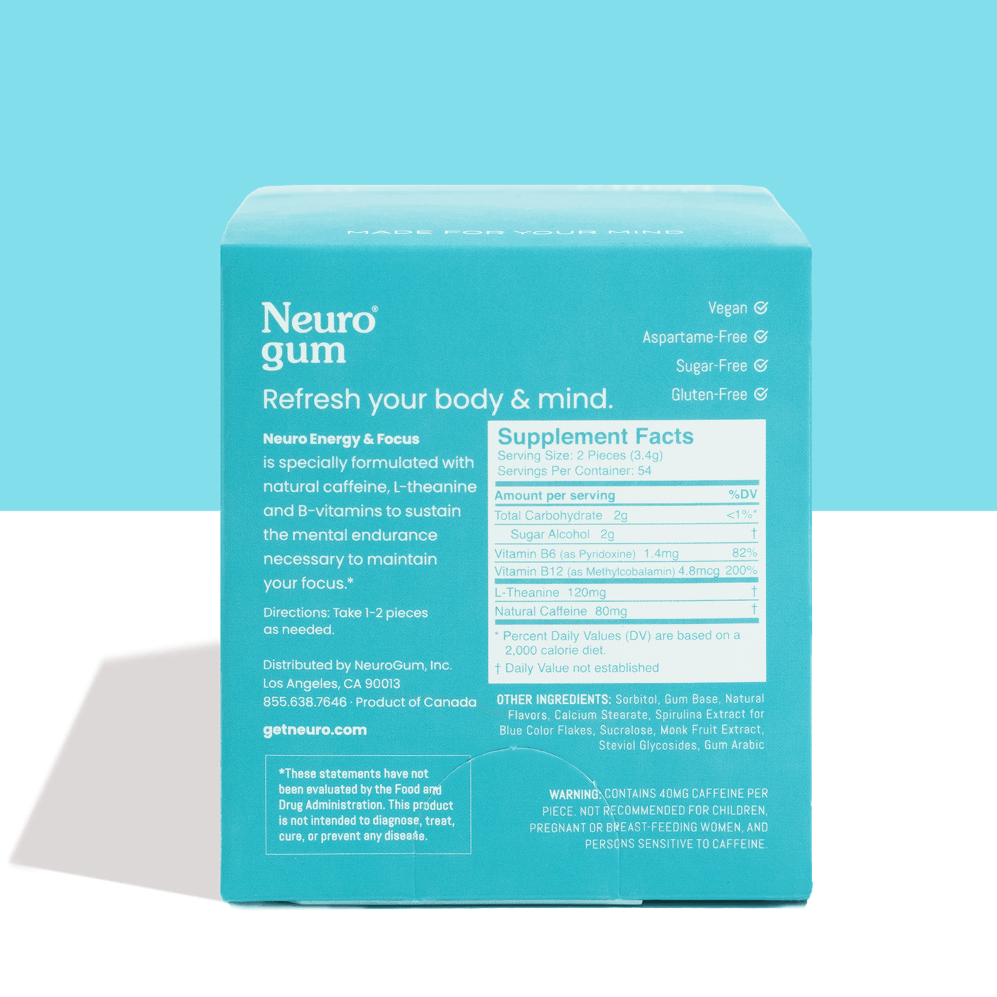 NeuroGum Energy Caffeine Gum (54 Pieces) - Sugar Free with L-theanine + Caffeine + Vitamin B12 & B6 - Nootropic Energy & Focus Supplement for Women & Men - Peppermint Flavor (Packaging May Vary)