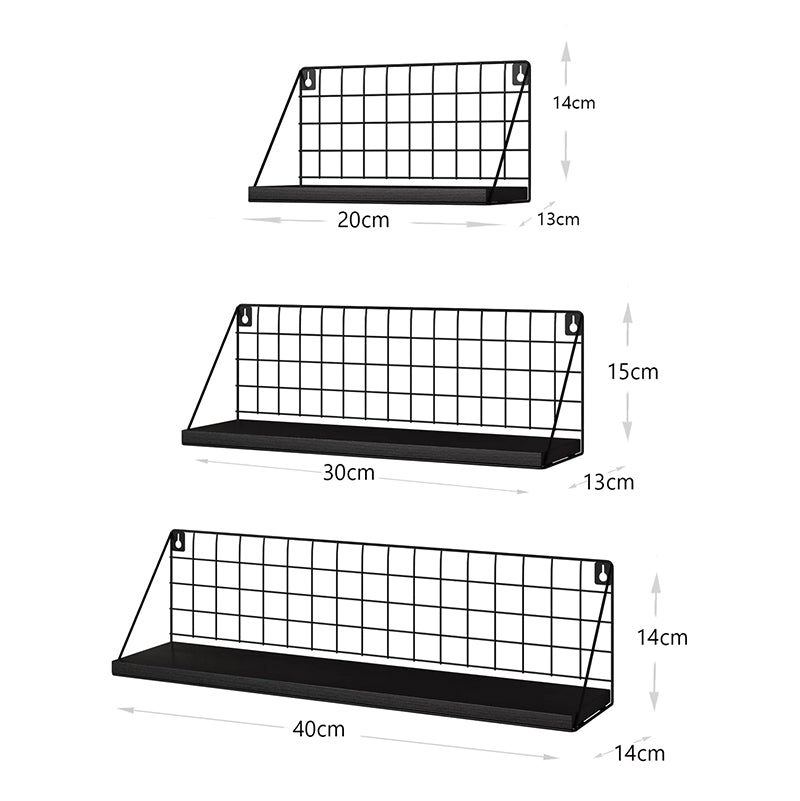 Set of 3 Adhesive Wooden Iron Storage and Organizer Rack Wall Mounted Hanging Display Shelves for Living Room Bedroom Office Black - Medaid