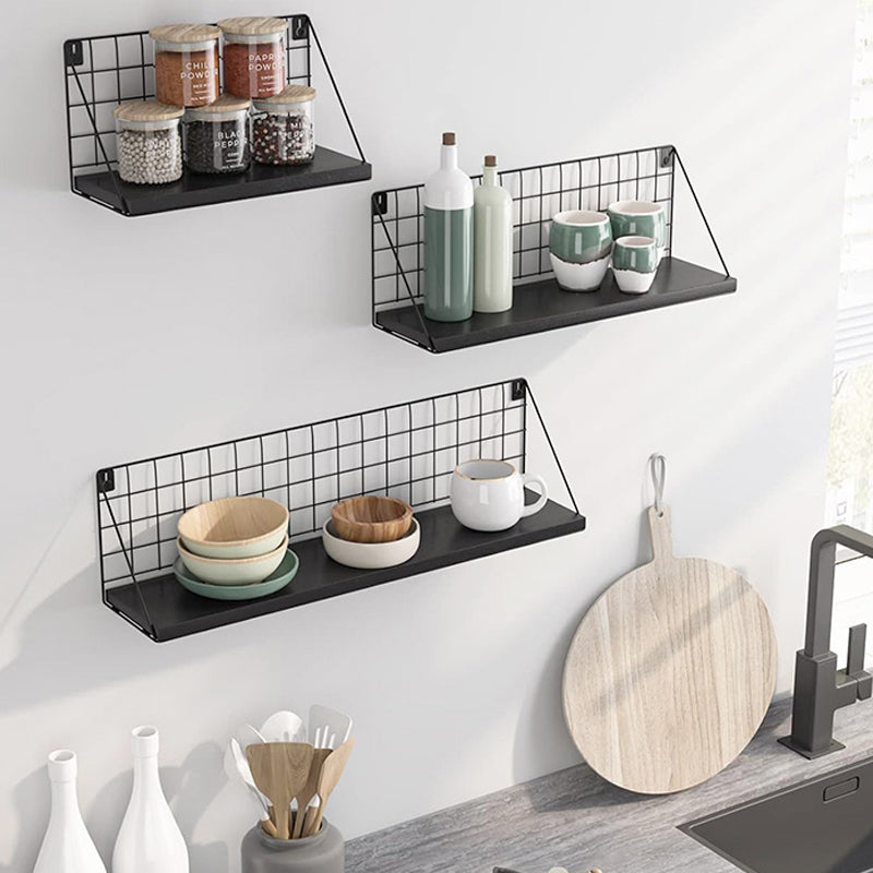Set of 3 Adhesive Wooden Iron Storage and Organizer Rack Wall Mounted Hanging Display Shelves for Living Room Bedroom Office Black - Medaid International