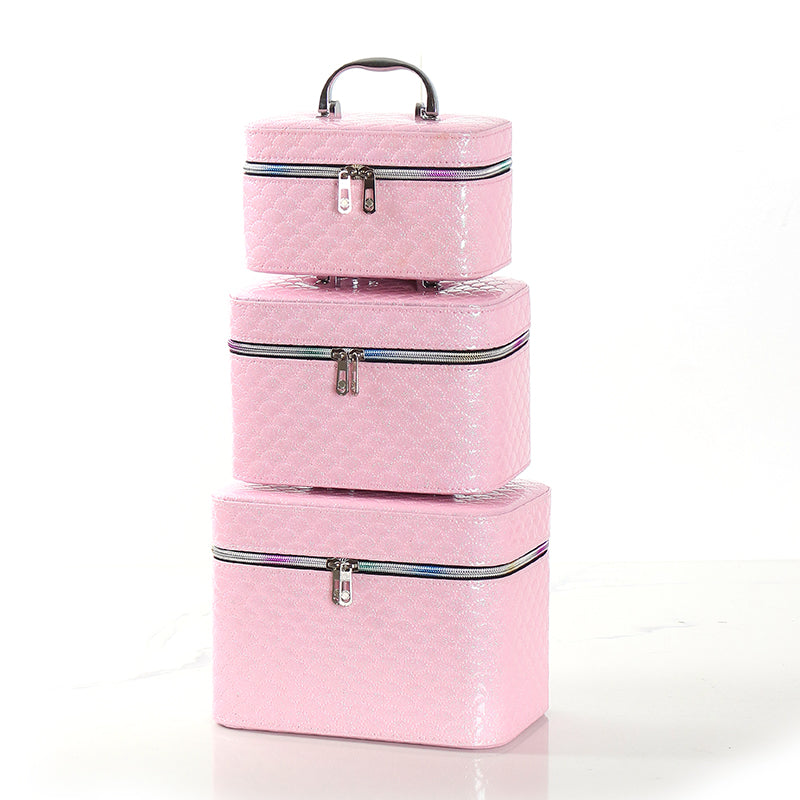21 CM Waterproof Leather Makeup Storage Box with Double Zipper and Handle Portable Travel Case Organizer with Mirror for Makeup Cosmetics Vanity Pink - Medaid International