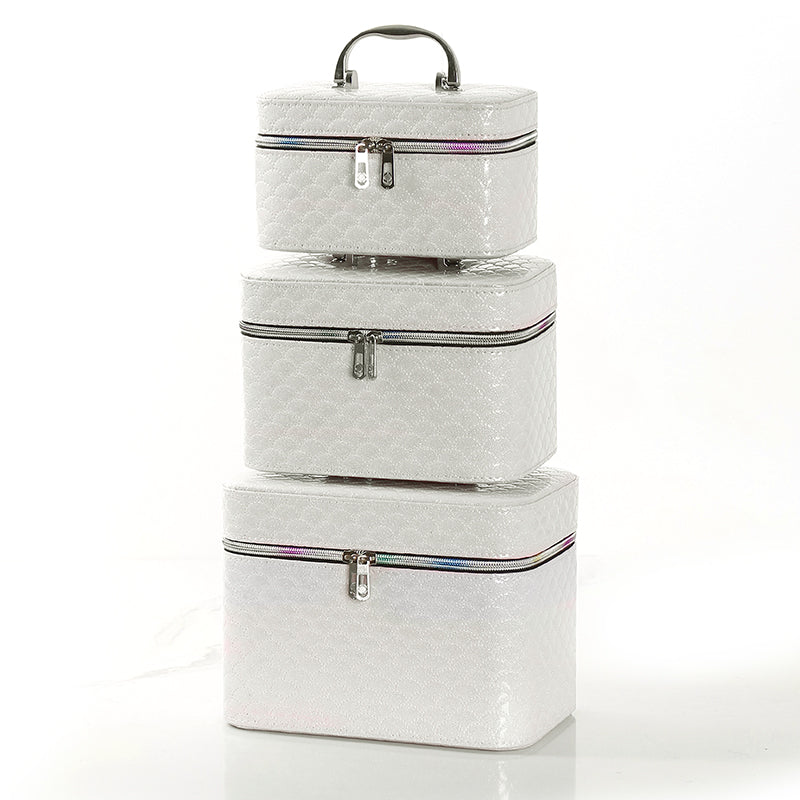 21 CM Waterproof Leather Makeup Storage Box with Double Zipper and Handle Portable Travel Case Organizer with Mirror for Makeup Cosmetics Vanity White - Medaid International