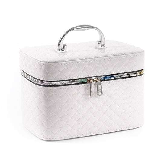 21 CM Waterproof Leather Makeup Storage Box with Double Zipper and Handle Portable Travel Case Organizer with Mirror for Makeup Cosmetics Vanity White - Medaid International