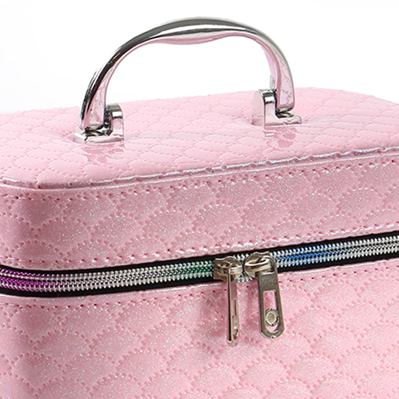 21 CM Waterproof Leather Makeup Storage Box with Double Zipper and Handle Portable Travel Case Organizer with Mirror for Makeup Cosmetics Vanity Pink - Medaid International