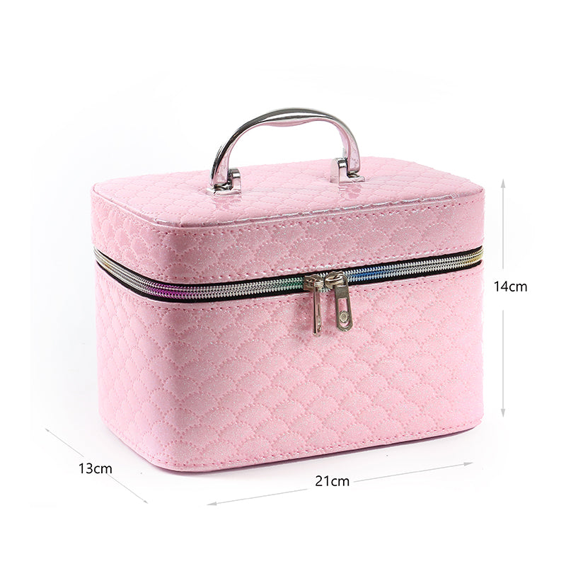 21 CM Waterproof Leather Makeup Storage Box with Double Zipper and Handle Portable Travel Case Organizer with Mirror for Makeup Cosmetics Vanity Pink - Medaid International