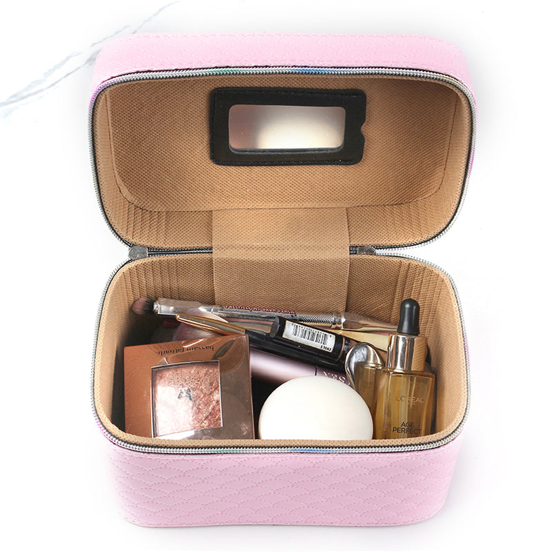 21 CM Waterproof Leather Makeup Storage Box with Double Zipper and Handle Portable Travel Case Organizer with Mirror for Makeup Cosmetics Vanity Pink - Medaid International