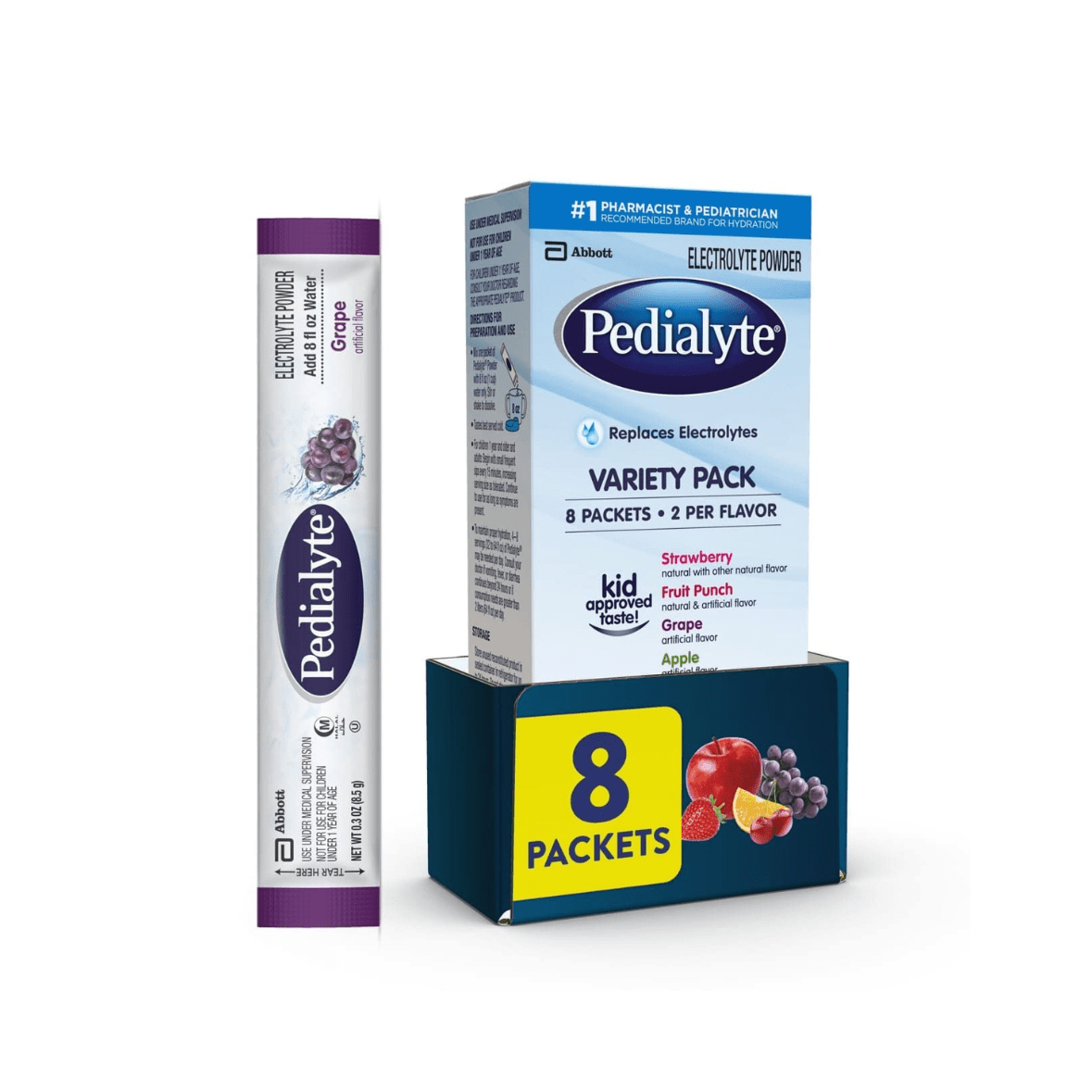 Pedialyte Electrolyte Powder Packets, Variety Pack, Hydration Drink, 8 Single-Serving Powder Packets - 8.5G each - Medaid