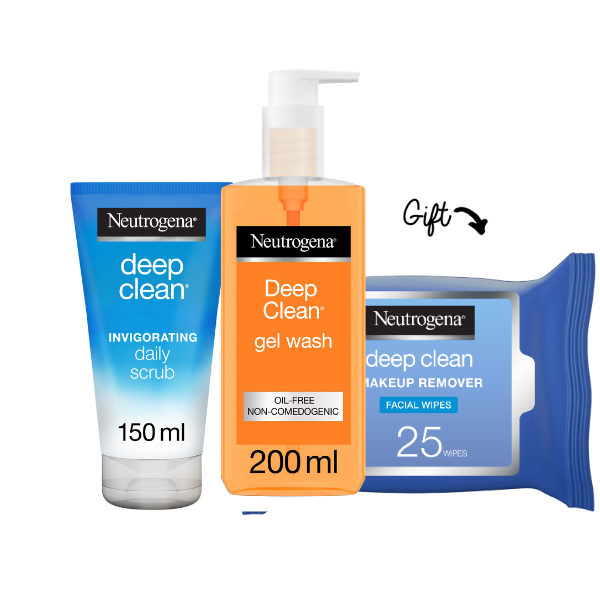 Buy 1 Deep Clean Invigorating Daily Scrub 150ML +Neutrogena Deep Clean Gel Wash Normal/Oily Skin 200ml and Get Deep Clean Make-Up Remover Wipes 25's For FREE - Medaid
