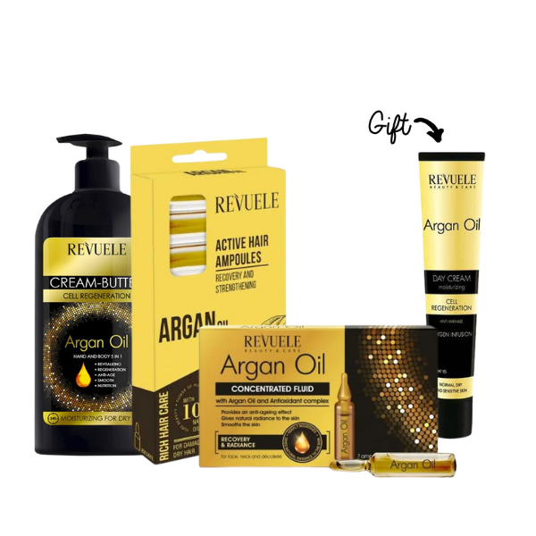 Argan Oil Cream-butter Hand and Body 5 in 1 + ARGAN OIL ACTIVE HAIR AMPOULES 8*5ml + Ampoules Argan Oil Concentrated fluid with Argan Oil and Antioxidant complex for face & neck+ FREE ARGAN OIL Day Cream 50ml - Medaid