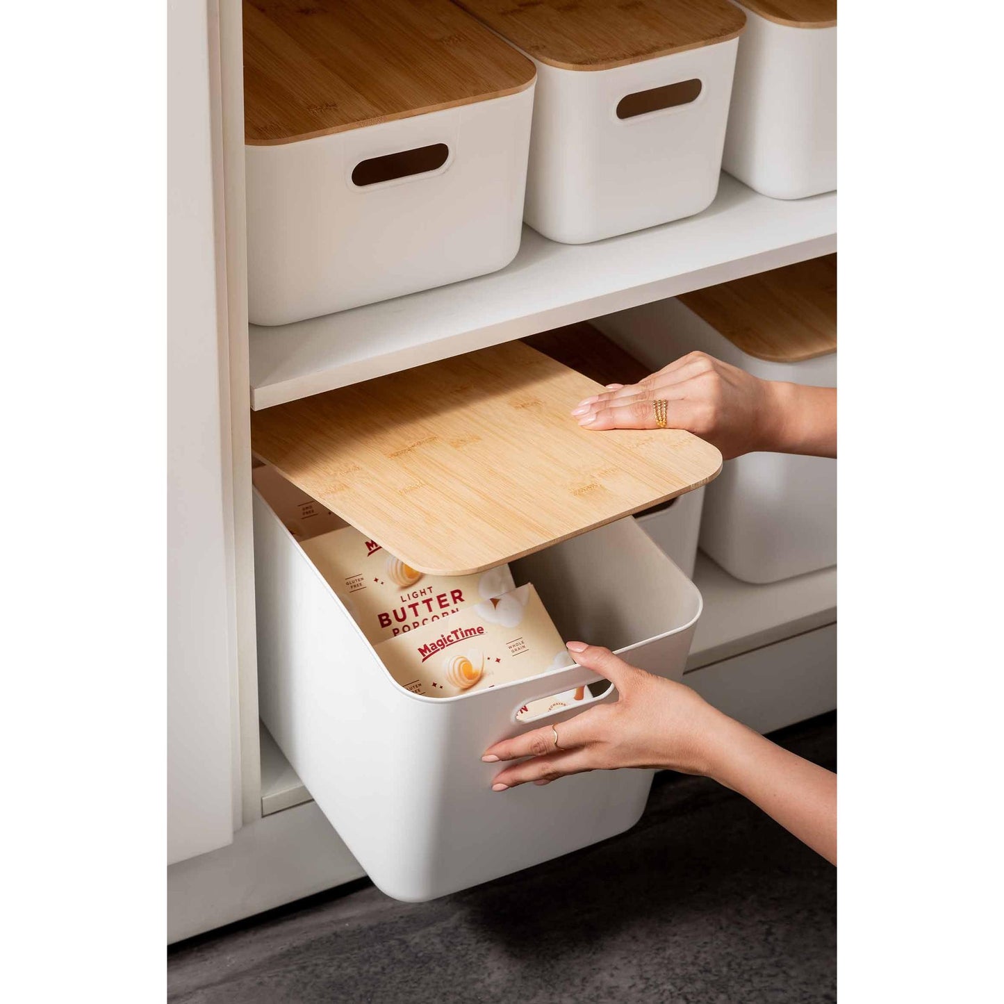 White Storage Tub W/ Bamboo Lid - Medium