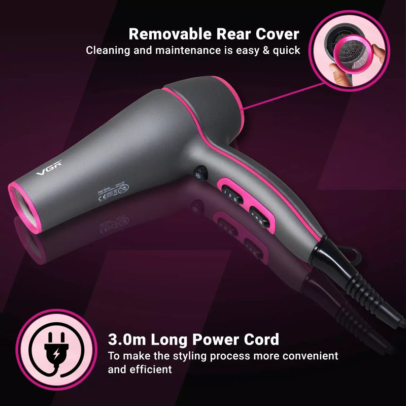 Vgr Professional Hair Dryer V402 - With Diffuser, Gray With Pink 2200W 3 Heating Settings - Medaid International