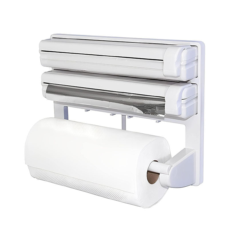 38 CM, Wall Mounted Triple Paper Dispenser with Cutter and Storage Shelf for Cling Film Wrap, Aluminum Foil and Kitchen Paper Roll for Kitchen Usage - Medaid International