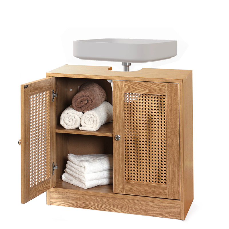 58 CM Waterproof Wooden Bamboo Under Sink Storage Cabinet Wooden Bathroom Sink Cabinet with 2 Rattan Doors Storage and Organizer Bathroom Vanity Beige - Medaid International