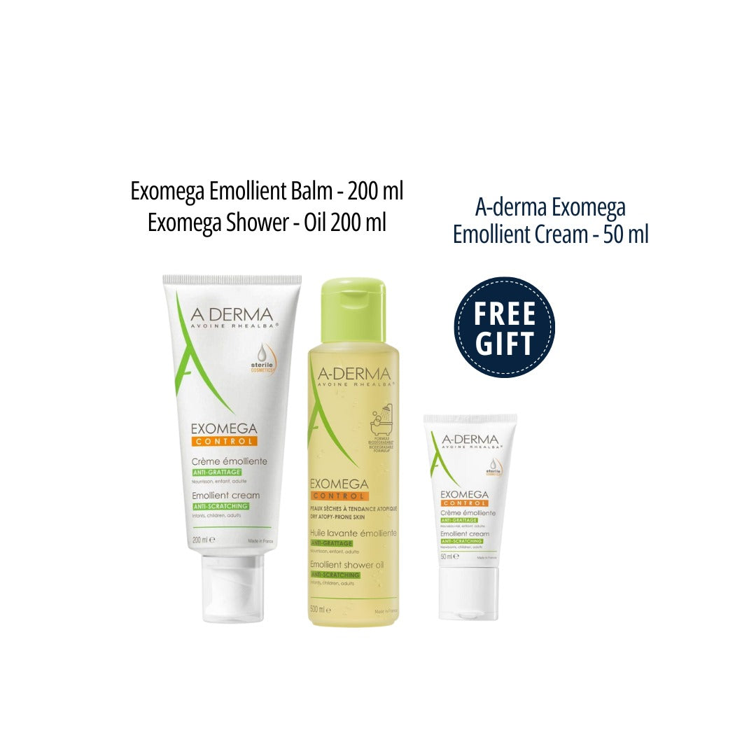 A-Derma Exomega Emollient Balm + shower Oil + Free Emollient Cream - Medaid International