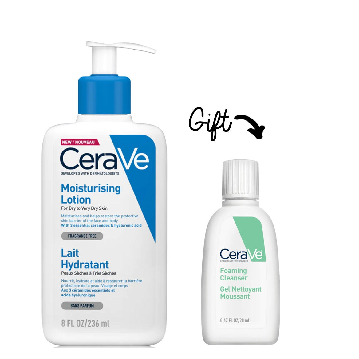 CeraVe Moisturizing Lotion | 24H Body and Face Moisturizer for Dry To Very Dry Skin + Foaming cleanser (Gift) - Medaid