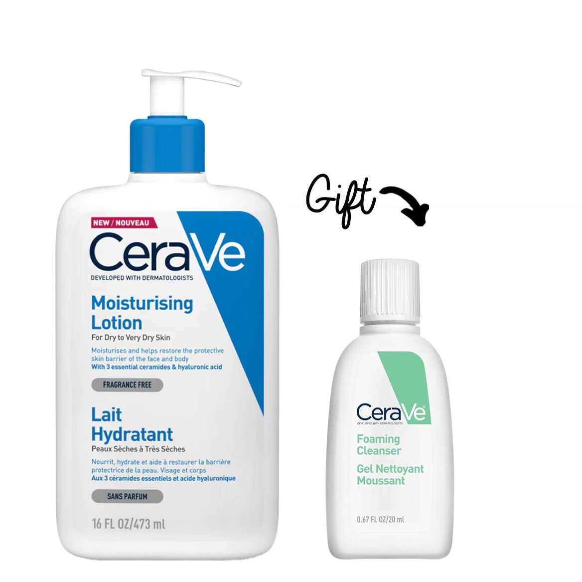 CeraVe Moisturizing Lotion | 24H Body and Face Moisturizer for Dry To Very Dry Skin + Foaming cleanser (Gift) - Medaid