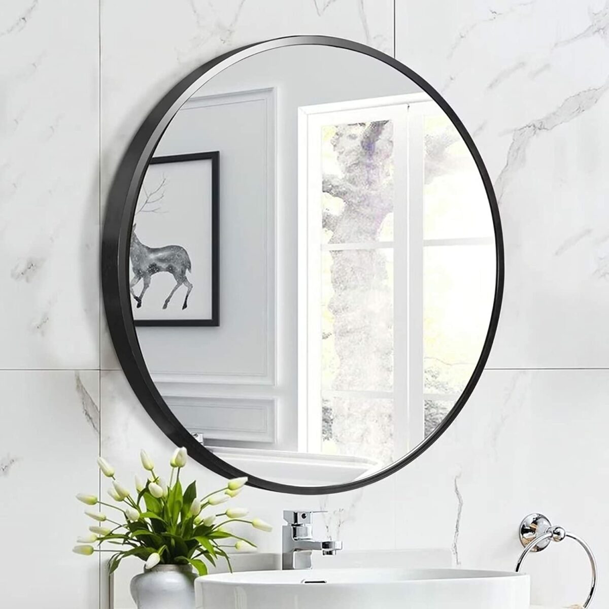 60 CM, Round Wall-Mounted Aluminum Frame Mirror with Shelf, Round Pendant Mirror, Decorative Mirror - Medaid