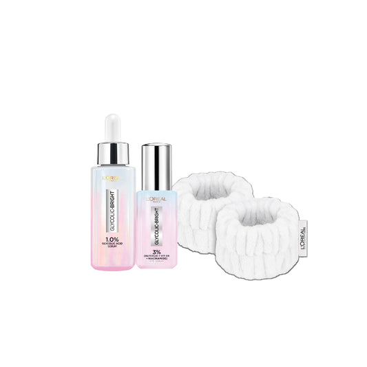 20% OFF L'Oréal Paris Glycolic Bright Instant Glowing Face Serum + Glycolic Eye Serum+ FREE White Wrist Towels - Medaid