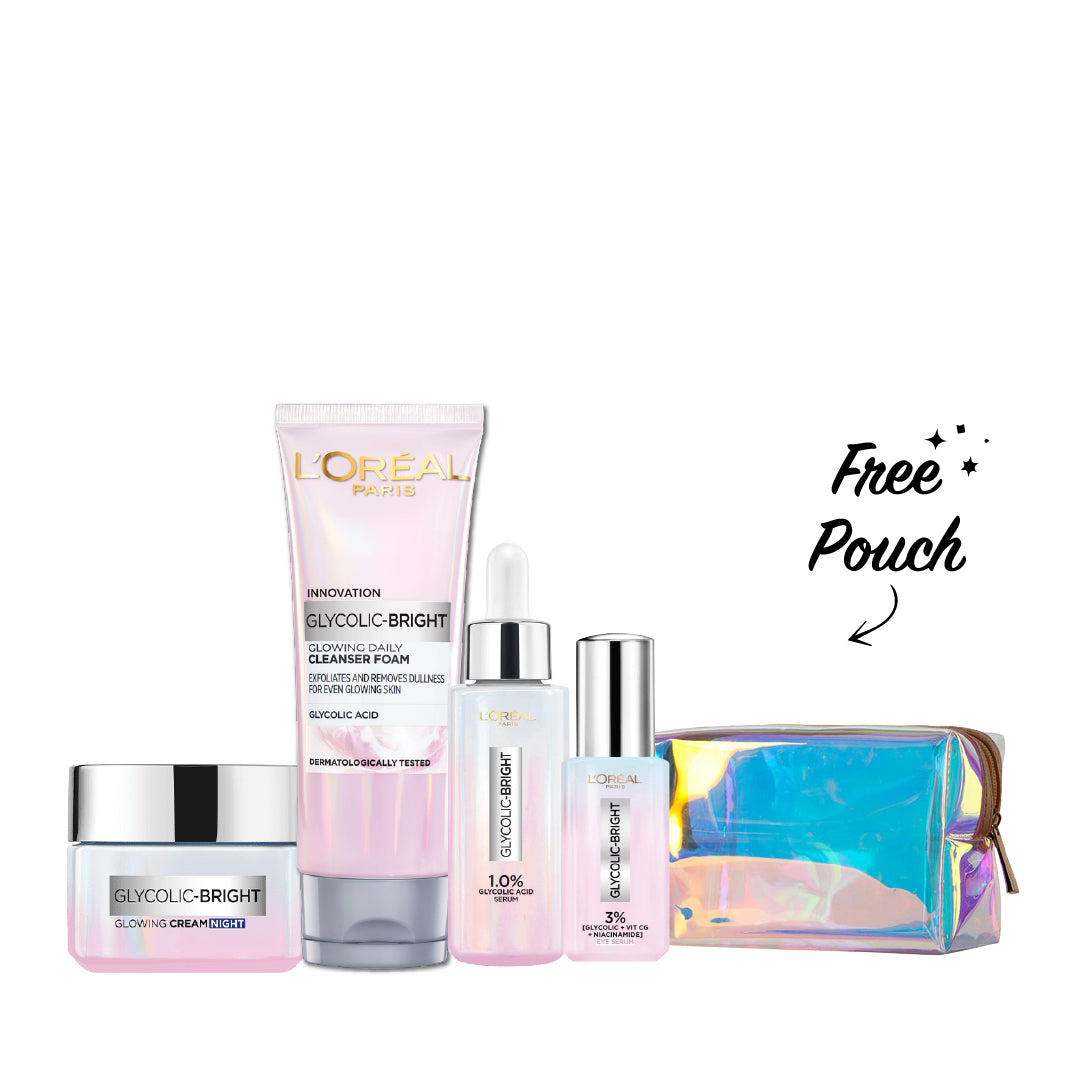 -20% FREE Pouch L'Oreal Glyoclic Bright Night Cream + Wash + Serum + Eye Serum - Medaid International
