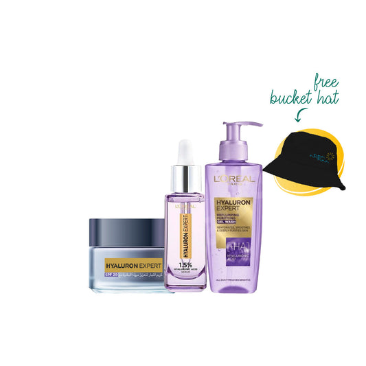 20% OFF L'Oréal Paris Hyaluron Expert Moisturizer and Anti-Aging Wash + Hyaluron Expert Replumping Serum With Hyaluronic Acid 30ml + Hyaluron Expert Day OR Night Cream + FREE Bucket Hat - Medaid